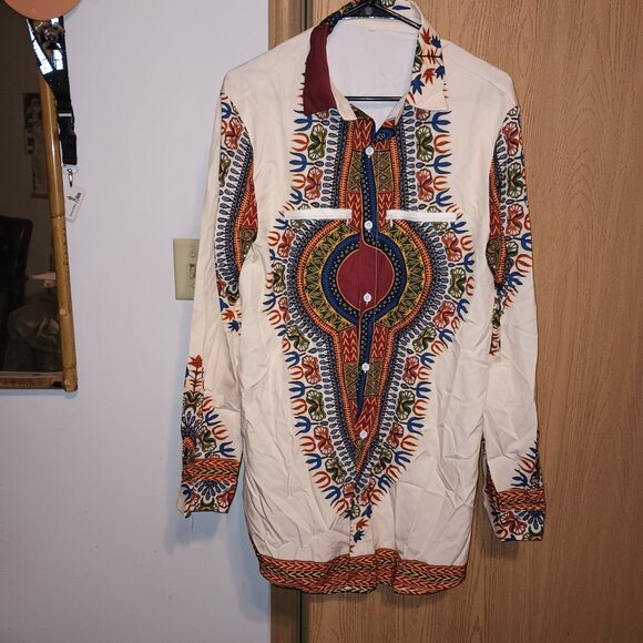 NEW Men's African Dashiki Dress Shirt Beige Medium - Picture 2 of 5